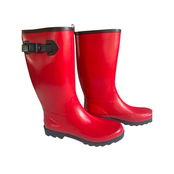 Red Rain Boots Size 9 Black Straps Durable Rubber Sole Striped Inner Lining - Picture 2 of 6